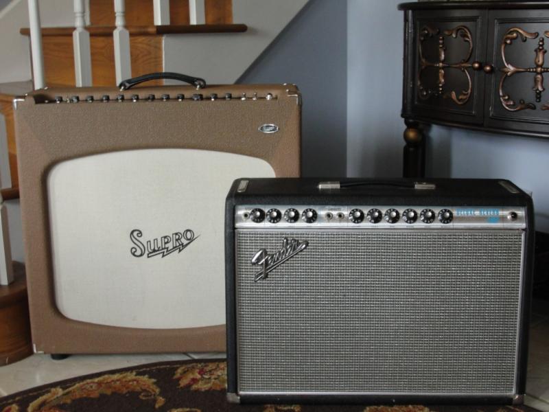 The rare and fabled 1967 drip-edge Fender Deluxe Reverb (the blackface that isn’t), and the equally rare and fabled Bruce Zinky “Supro” Tremolectric (the VibroKing that isn’t)